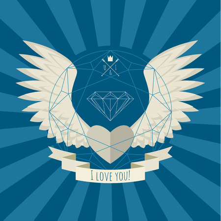 Heart with white wings on blue background. Vector illustration. Card of Valentines dayのイラスト素材