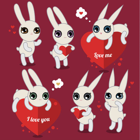 Cute white rabbits on pink bacground with heart. Vector illustrationのイラスト素材