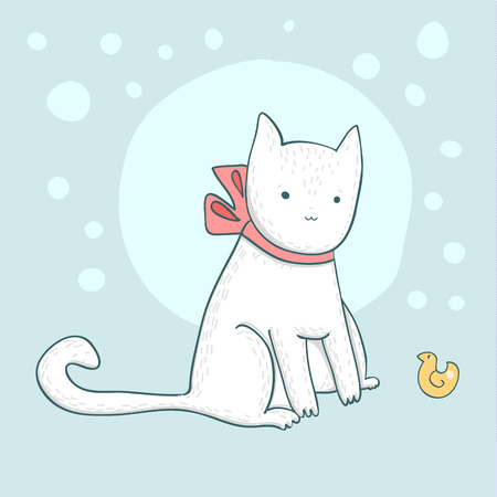 Nice white cat with a little duck on light blue background. Vector cardのイラスト素材