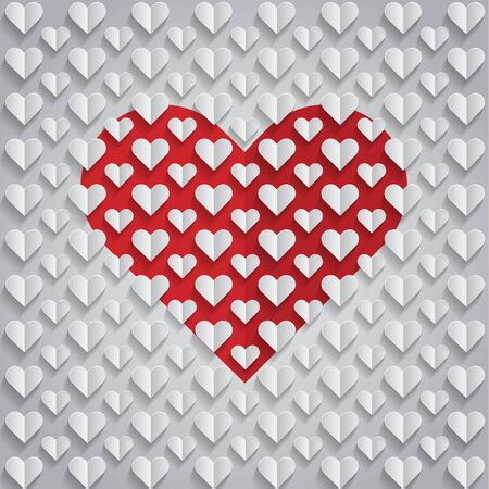 Red heart behind paper hearts pattern with drop shadows. Vector illustrationのイラスト素材