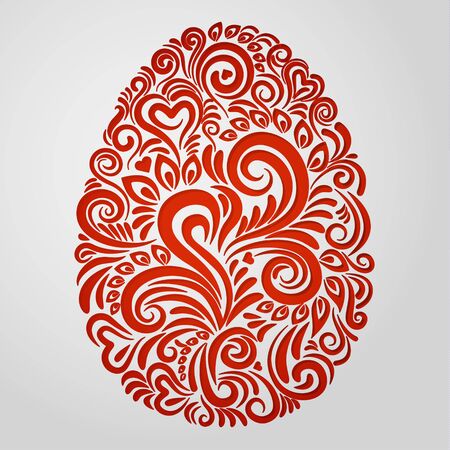 Red floral ornate made of paper in the shape of easter egg on white background. Modern card for invitation.のイラスト素材