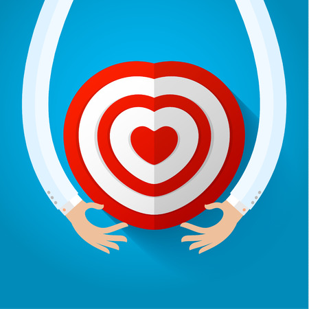 Red heart target with hands. Love and care concept. Vector illustrationのイラスト素材