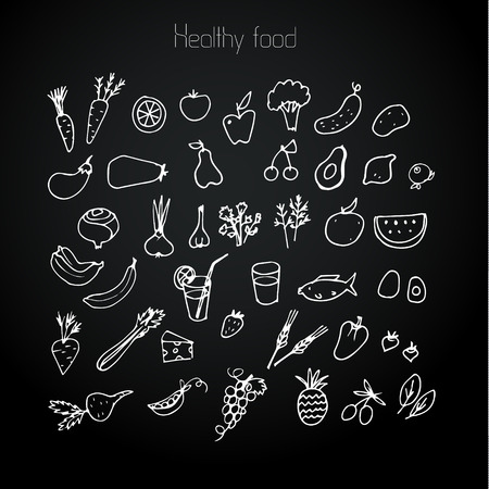 Healthy food background, drawn in chalk on the blackboard. Vector illustrationのイラスト素材