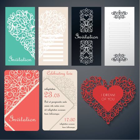 Set of invinanion cards with swirly paper decor on red, green, black and white. Invitation cardのイラスト素材