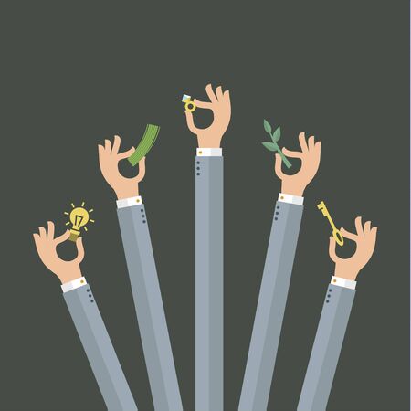 Several hands reach to the word success. Concept of teamworkのイラスト素材