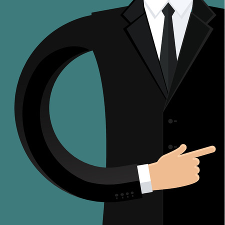 Business man in black suit pointing away to the right. Flat design.のイラスト素材