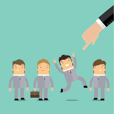 Businessman hand pointing at cute character of young businessman in business concept of personnel selection, hiring or recruitment. Flat design vector illustration.のイラスト素材