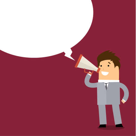 Business man speaking through megaphone with speech bubble for your text or your design. Flat designのイラスト素材