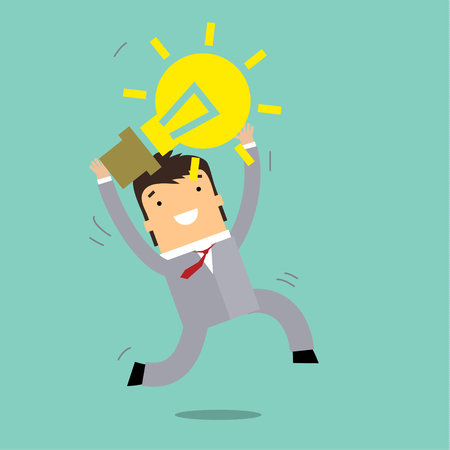 Idea man, businessman runs with glow light bulb. Flat designのイラスト素材