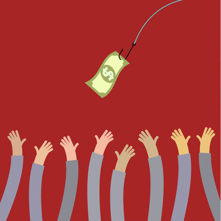 Hooked money and reaching hands. Motivation or illusion. Conceptual illustration suitable for advertising and promotion. Flat styleのイラスト素材
