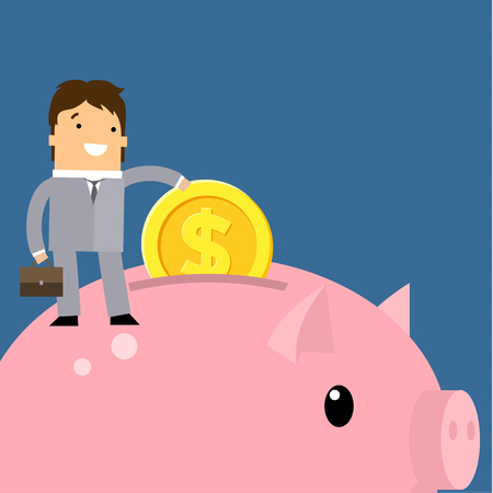 Keep money concept. Business man collecting money into piggy bank. Flat vector illustration.のイラスト素材