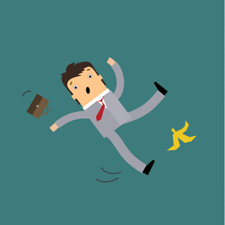 Businessman in cartoon style slipping on a banana peel and falling down with outstretched arms and motion trailsのイラスト素材