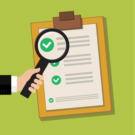 Vector business contract and magnifier - analyzing document - concept in flat styleのイラスト素材