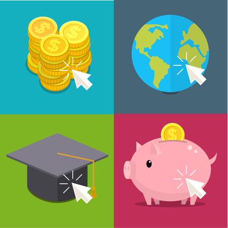 Concept of choice, white cursor clicks to earth, money, piggy bank and Graduation cap. Flat designのイラスト素材