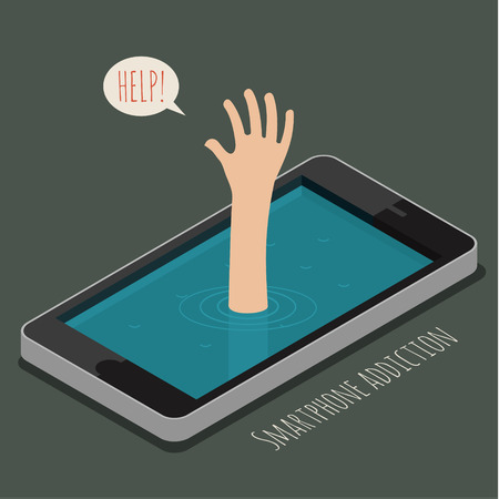 Man drowns, only hand over the water. Concept of smartphone addiction. Flat designのイラスト素材