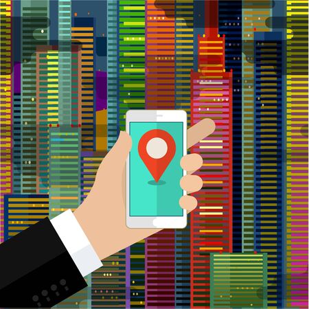 Hand holding mobile phone with gps app on the screen. Searching for a house. Flat design vector illustrationのイラスト素材