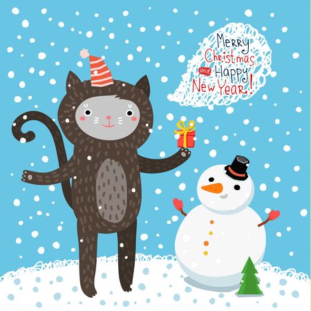 Holiday illustration with a cute cat. Christmas card with nice cartoon character. Winter greeting card.のイラスト素材
