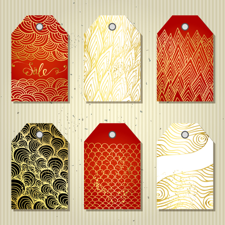 Cute gift tags. Set of hand drawn cute creative cards with hand drawn golden pattern.のイラスト素材