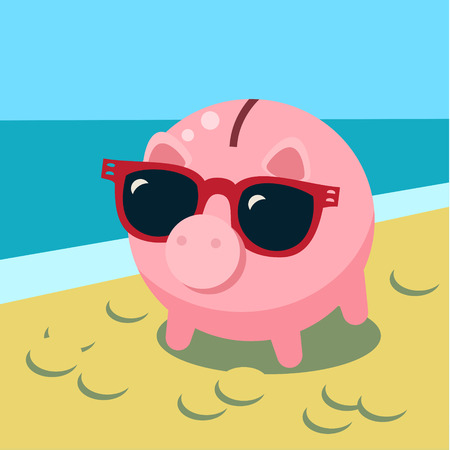 Summer piggy bank with sunglasses on the beach. Flat design vector illustrationのイラスト素材