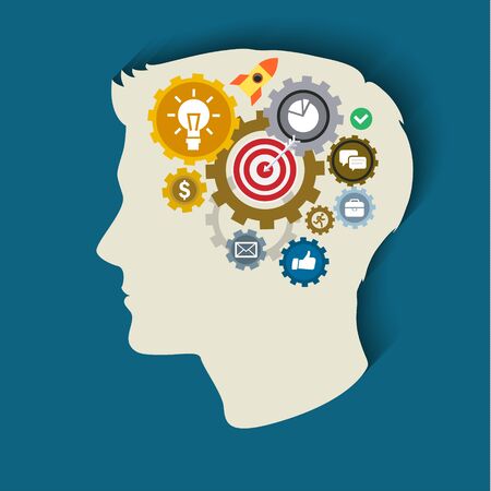 Human head with gears and icons. Concept of thinking. Flat illustration.のイラスト素材