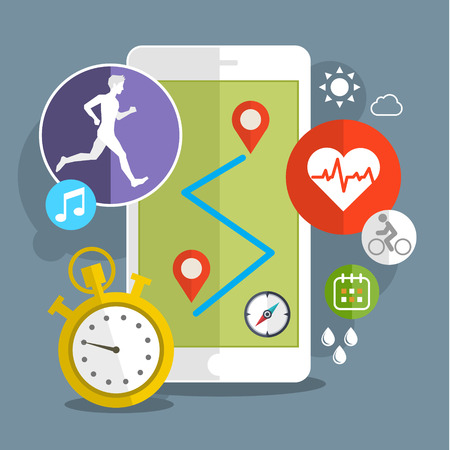 Smart phone with sport icons. Fitness app concept on touchscreen. Flat design vector illustrationのイラスト素材