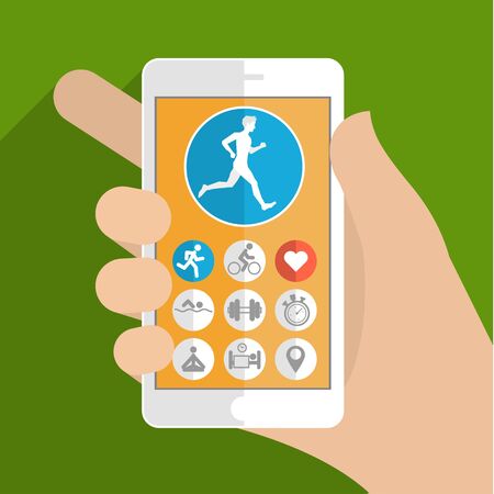 Smart phone in hand. Fitness app concept on touchscreen. Flat design vector illustrationのイラスト素材