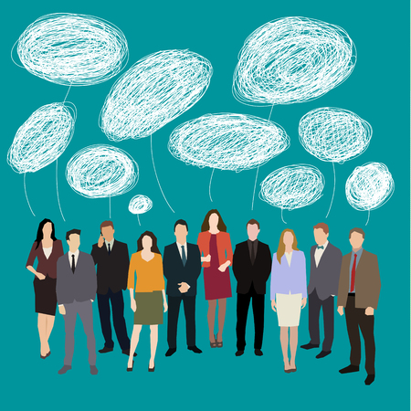 Concept of brainstorming. Group of people with speech bubbles. Flat design vector illustrationのイラスト素材