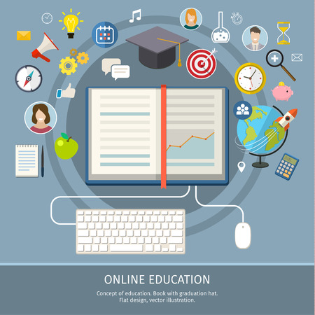 Concept of online education. E-learning science with symbol of book like computer. Flat design, vector illustrationのイラスト素材