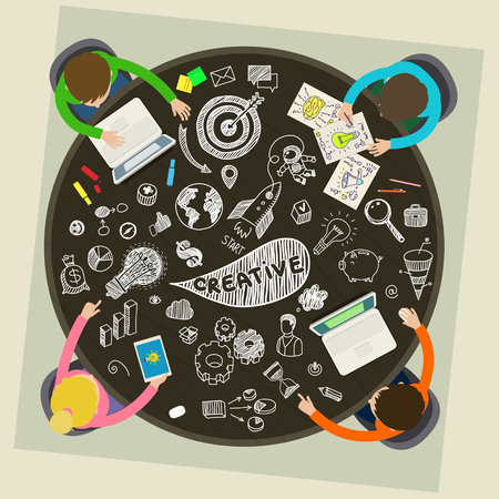 Concept of creative teamwork. Business meeting and brainstorming. Flat design, vector illustrationのイラスト素材