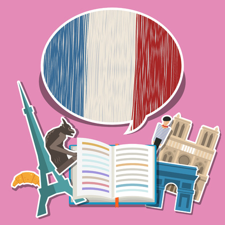 Concept of travel or studying French. Open book with hand drawn French flag and French symbols. Flat design, vector illustrationのイラスト素材