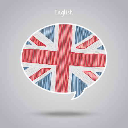Concept of travel or studying English. Speech bubble with hand drawn English flag. Flat design, vector illustrationのイラスト素材