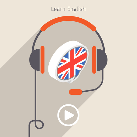 Concept of audio book or studying languages. Book with headphones, vector illustration, flat designのイラスト素材