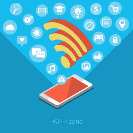 Concept of Wifi zone. Smartphone with symbol of Wifi. Flat design, vector illustrationのイラスト素材