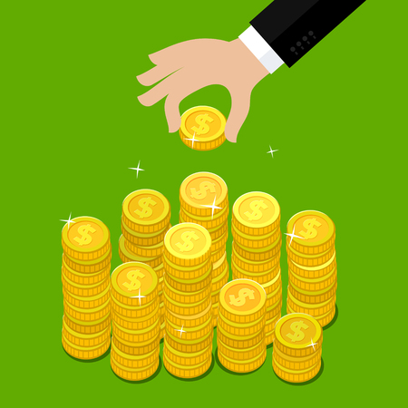 Concept of wealth. Hand put coin to money staircase. Flat design, vector illustration.のイラスト素材