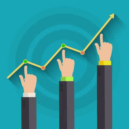 Concept of business success. Hands of businessman touching a graph Indicating growth. Flat design, vector illustration.のイラスト素材