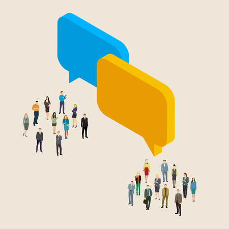 Internet online technology concept. Groups of micro people and chat callout signs.  Flat design, vector illustration.のイラスト素材