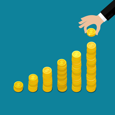 Financial growth concept with stacks of golden coins. Flat design, vector illustration.のイラスト素材