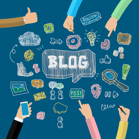 Writing an article for blog on computer. Flat illustrationのイラスト素材