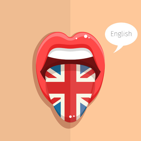 English language concept. English language tongue open mouth with flag of Britain, woman face. Flat design, vector illustration.のイラスト素材