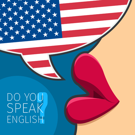 Concept of studying English or American. Female lips speak. Flat design, vector illustration.のイラスト素材