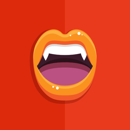 Vampire mouth with open red lips and long teeth on red background. Halloween Background. Vector Illustration.のイラスト素材