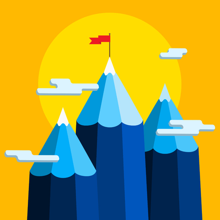 Concept of creative success. Goal achievement, mountain with flag. Flat design, vector illustration.のイラスト素材