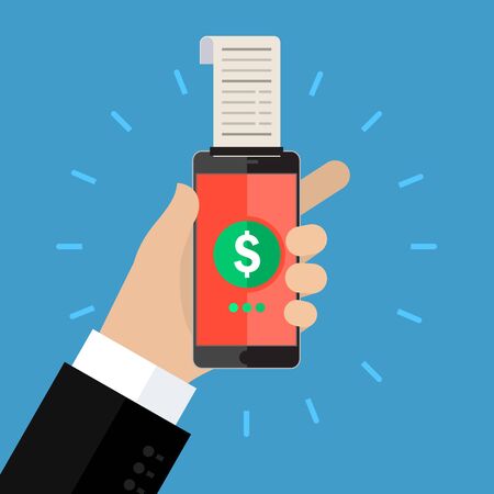 Concept of shopping or mobile banking. Mobile banking with smart phone and paycheck. Flat design, vector illustration.のイラスト素材