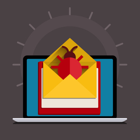 Concept of spam. Bug and virus in the programming code. Hacker activity on computer with bug. Flat design, vector illustrationのイラスト素材