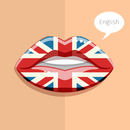 English language concept. Glamour lips with make-up of the British flag, woman face. Flat design, vector illustration.のイラスト素材