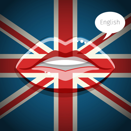 English language concept. Glamour lips with make-up of the British flag, woman face. Flat design, vector illustration.のイラスト素材