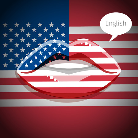 Concept of travel or studying English american language. Glamour lips with make-up of the United States of America Flag, woman face. Flat design, vector illustration.のイラスト素材