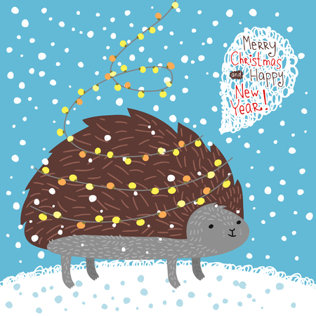 Holiday illustration with a cute hedgehog. Christmas card with nice cartoon character. Winter greeting card.のイラスト素材