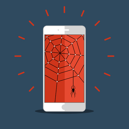 Smart phone with cobweb and spider. Concept of criminal hacker. Flat style modern design vector illustrationのイラスト素材