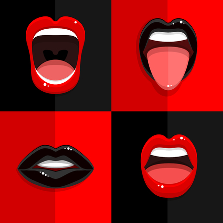 Set of mouth with open black and red lips on red and black backgrounds. Vector Illustration.のイラスト素材